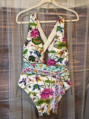 Nanette Lepore White Floral Botanical Plunge One Piece Swimsuit with Belt